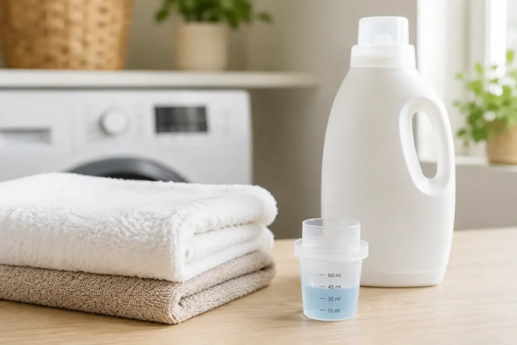 Measuring liquid laundry detergent before washing towels