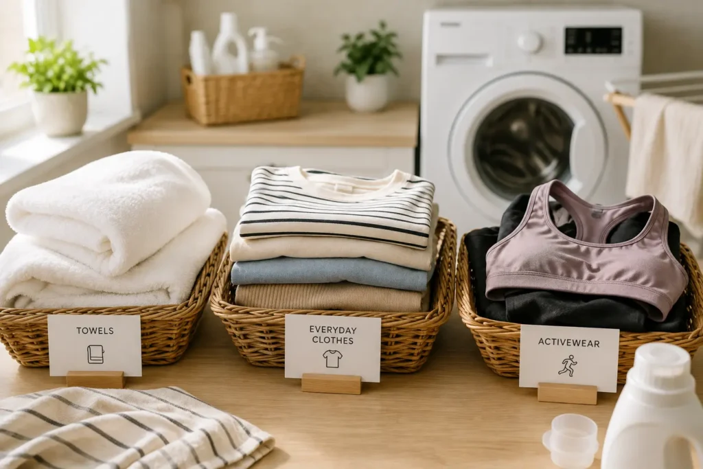 Towels, everyday clothes and activewear sorted into separate laundry baskets