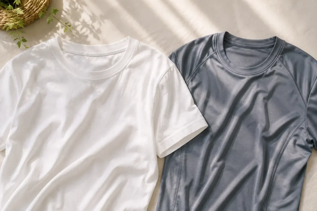Cotton T-shirt and synthetic activewear laid side by side for laundry comparison
