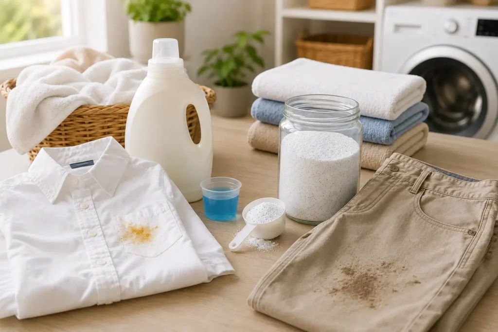 Liquid detergent beside a lightly stained shirt and powder detergent beside muddy trousers in a laundry room